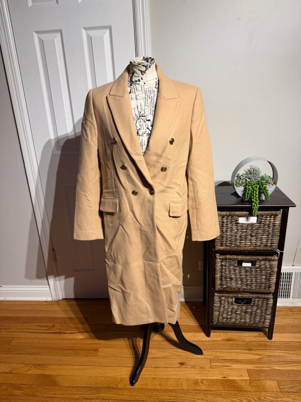 NWOT Zara Manteco Wool Double-Breasted Camel Long Coat twill Premium Quality L